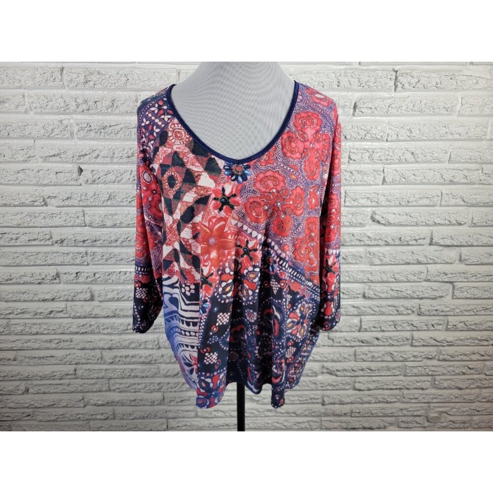 Caia Womens Top 1X Plus 3/4 Sleeve Pink Floral Poly Blend Casual Stretchy FLO27E